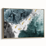 Framed wall art showcasing an abstract design of gold strokes and lines, set against a textured background, ideal for modern interior decor.