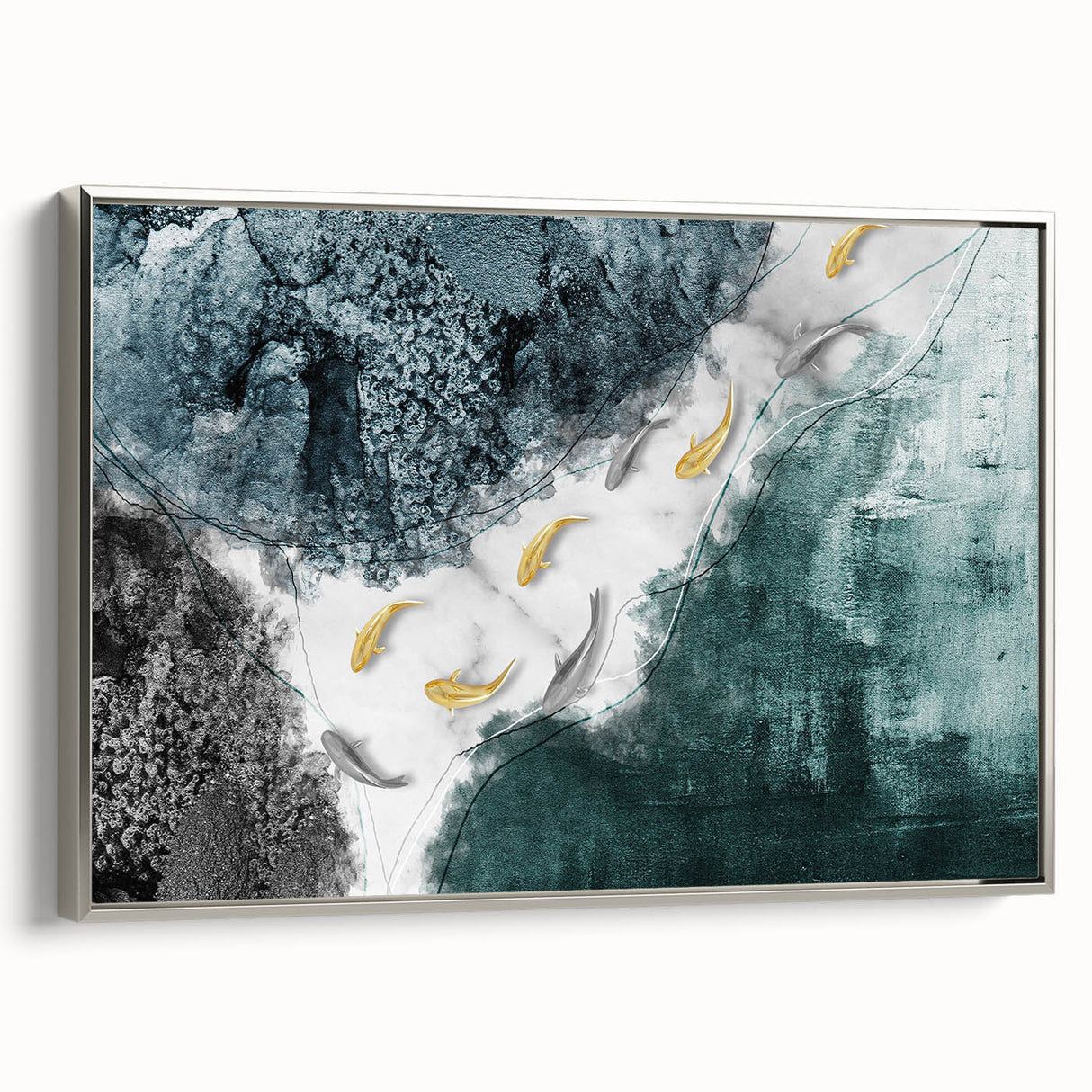 Framed abstract wall art showcasing dynamic strokes and lines in silver hues, set against a minimalist background, perfect for modern decor.