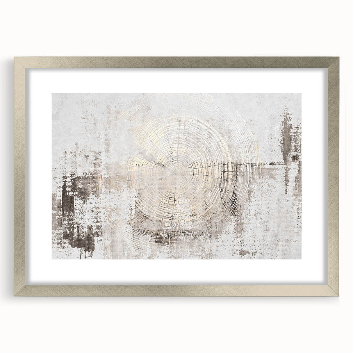 Abstract strokes and lines design in a silver-framed wall art piece, showcasing a modern aesthetic with a mat, perfect for contemporary home decor.