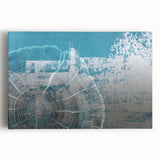 Abstract wall art design featuring vibrant strokes and lines in shades of blue, pink, and gold, printed on a stretched canvas, ideal for modern home decor.