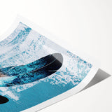 Abstract wall art print showcasing vibrant strokes and lines in shades of blue, orange, and yellow, rolled for easy display and shipping, perfect for modern decor.