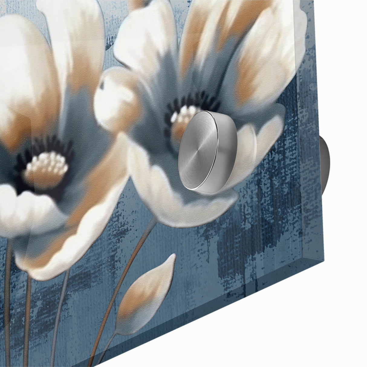 Close-up of an abstract wall art design featuring vibrant strokes and lines in shades of blue, orange, and yellow, presented on acrylic glass for a modern aesthetic. This artwork enhances contemporary decor with its dynamic composition and colorful palette.
