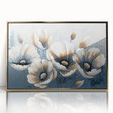 Framed acrylic wall art featuring an abstract design of gold strokes and lines on a white background, perfect for modern home decor and stylish interiors.