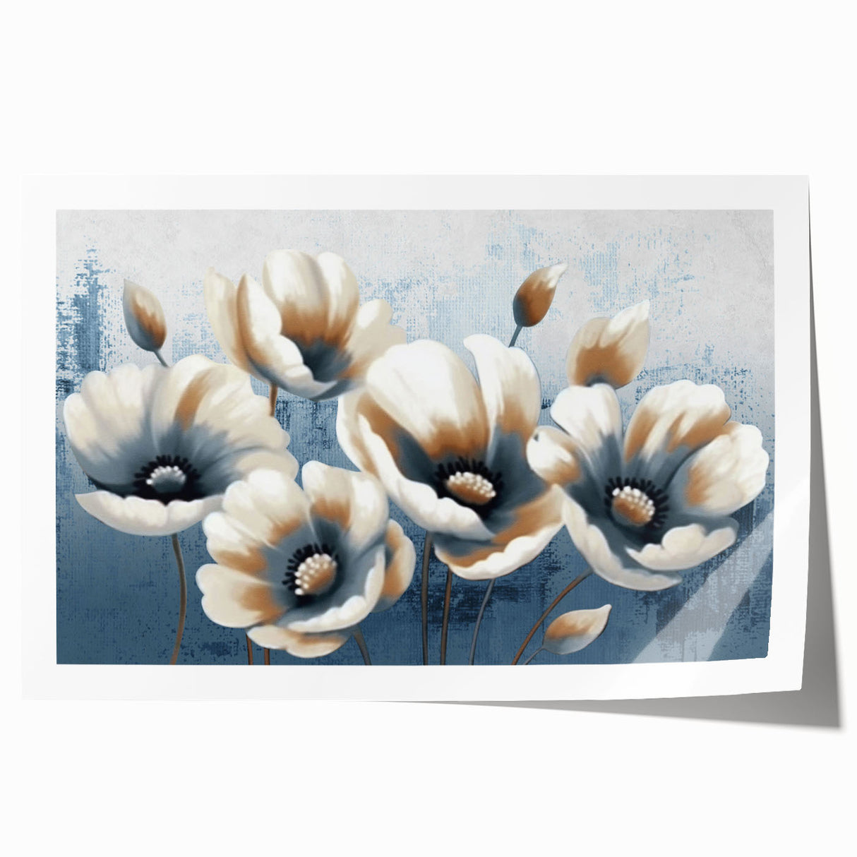 Abstract wall art print showcasing vibrant strokes and lines in a modern design, featuring a palette of blues, oranges, and greens, ideal for contemporary decor.