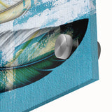 Close-up of an abstract wall art piece showcasing vibrant strokes and lines in blue, orange, and yellow hues, printed on acrylic glass for a modern decor style.