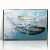 Framed acrylic wall art featuring an abstract design with silver strokes and lines, ideal for modern decor. The piece adds a touch of elegance to any room.