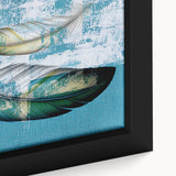 Close-up of a framed abstract wall art piece showcasing vibrant strokes and lines in a blend of blue, yellow, and orange hues, ideal for modern home decor.