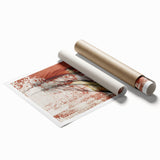 Abstract wall art print featuring vibrant, overlapping strokes and lines in shades of blue, orange, and gold, ideal for modern home decor. This rolled canvas adds a contemporary touch to any living space.