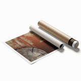 Abstract wall art print showcasing vibrant strokes and lines in shades of blue, orange, and yellow, designed to enhance modern home decor aesthetics. Ideal for living spaces or creative environments, this rolled artwork adds a contemporary touch.