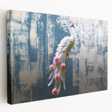 Abstract wall art design showcasing vibrant strokes and lines in shades of blue, orange, and gold, printed on stretched canvas with a side view display. Perfect for modern home decor.