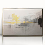Framed abstract wall art featuring dynamic strokes and lines in gold and black, ideal for modern decor. Perfect for enhancing living spaces with elegance.