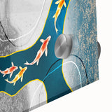 Close-up view of an abstract art piece with vibrant strokes and lines in blue, orange, and yellow hues, showcasing a modern aesthetic suitable for home decor.