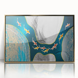 Framed wall art featuring an abstract design with vibrant strokes and lines in gold, perfect for modern decor, showcasing a contemporary aesthetic in a gallery setting.
