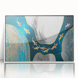 Framed wall art showcasing an abstract design of vibrant strokes and lines in shades of blue and gold, perfect for modern decor, displayed against a white background.