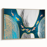 Framed wall art featuring an abstract design of gold strokes and lines on a textured canvas, showcasing vibrant colors and modern aesthetics for stylish home decor.