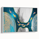 Framed canvas wall art featuring an abstract design of colorful strokes and lines, showcasing a modern aesthetic with a white frame, perfect for contemporary decor.
