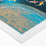 Abstract wall art design showcasing vibrant strokes and lines in a blend of blues, yellows, and reds on high-quality rolled canvas, perfect for contemporary decor.