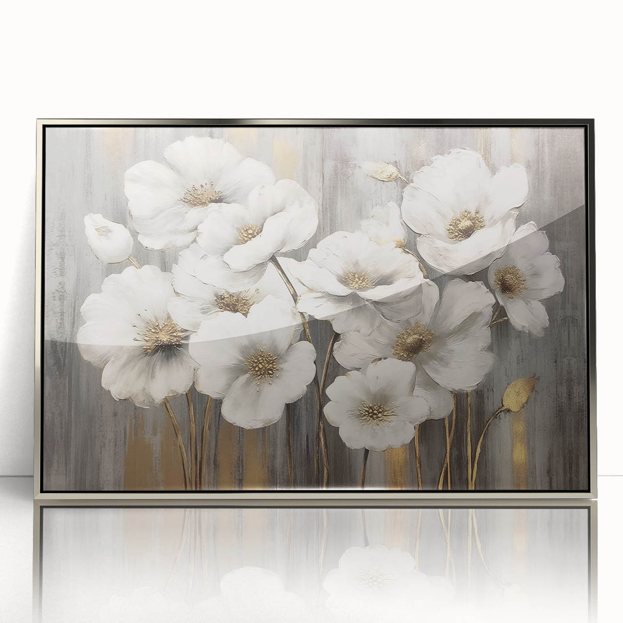 Framed acrylic wall art featuring an abstract design with bold strokes and lines in silver, perfect for modern decor. Ideal for enhancing contemporary interior spaces.