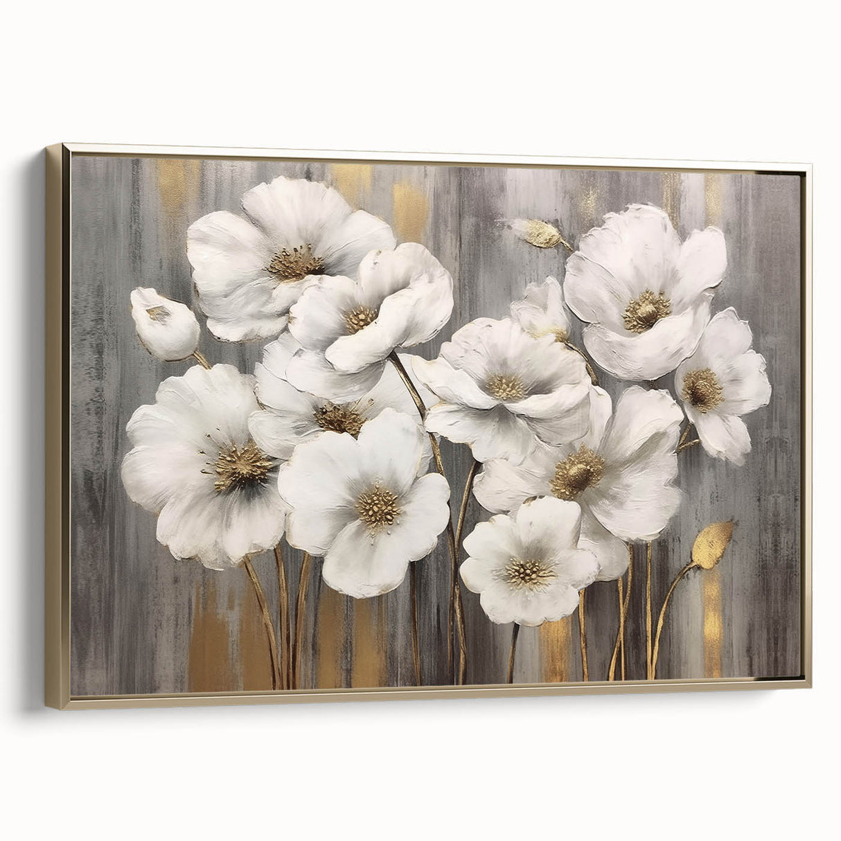 Framed canvas wall art showcasing an abstract design of gold strokes and lines against a neutral background, perfect for modern home decor.