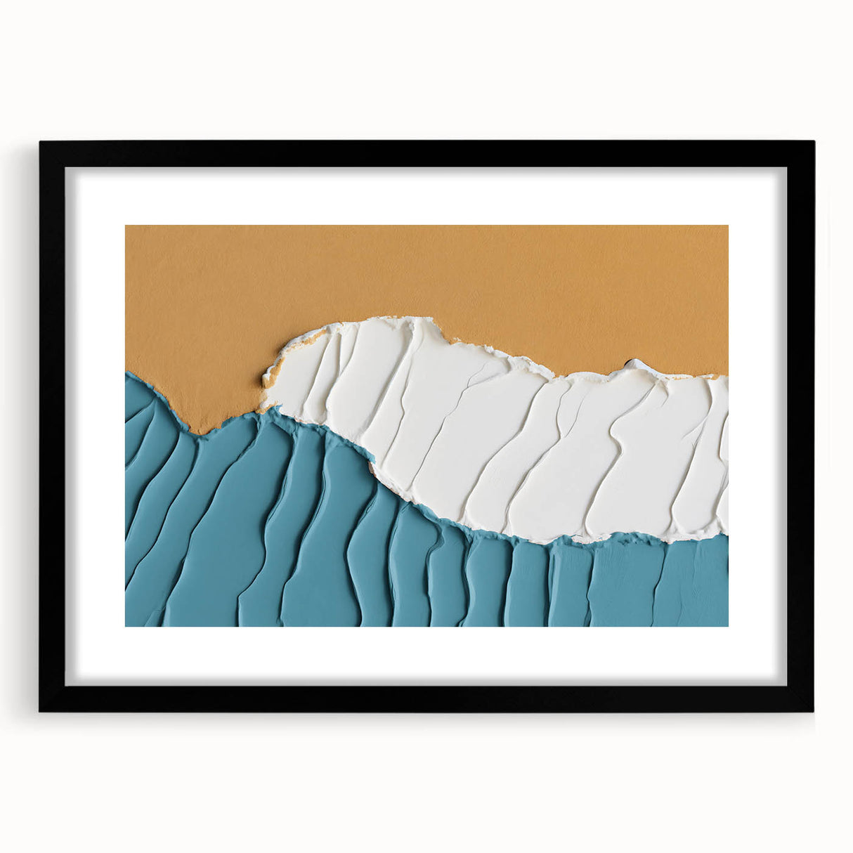 Abstract strokes and lines in a modern black-framed wall art piece, featuring a sophisticated design with a white mat, perfect for contemporary decor.