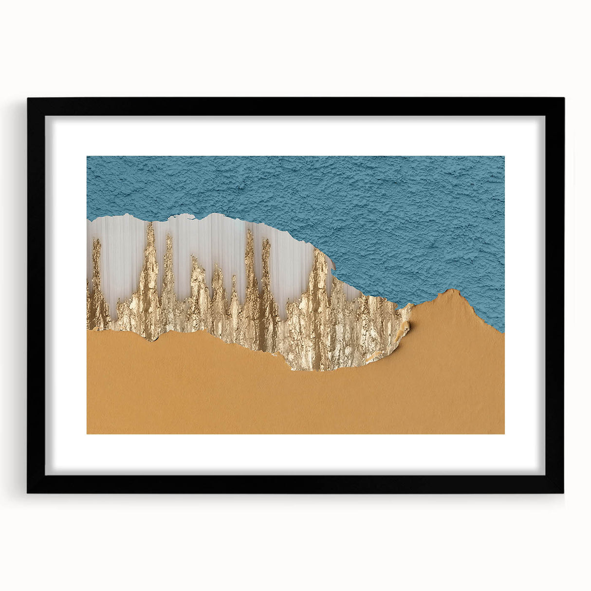 Abstract wall art featuring dynamic strokes and lines in neutral tones, elegantly framed with a black mat, enhancing modern home decor aesthetics. This piece adds depth and sophistication to any living space.