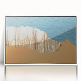 Framed acrylic wall art featuring an abstract design with vibrant strokes and lines in shades of blue, pink, and gold, perfect for modern decor.