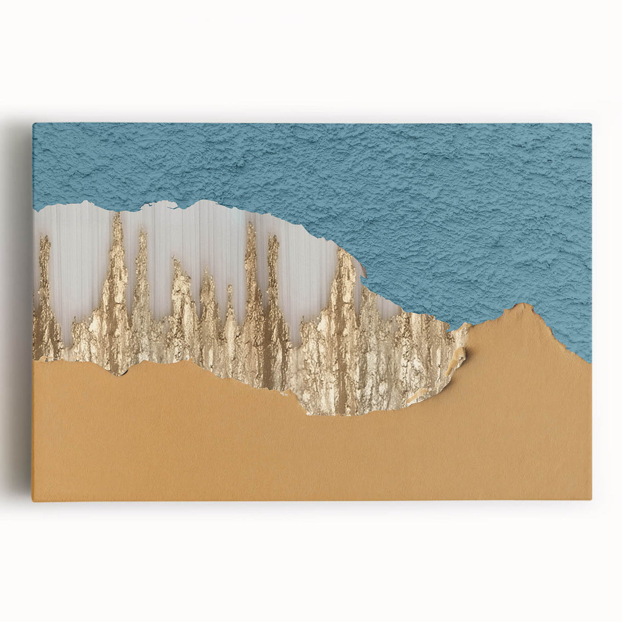 Abstract wall art design showcasing vibrant strokes and lines in shades of blue, yellow, and white, printed on stretched canvas for modern home decor. Perfect for enhancing contemporary interiors with a unique artistic flair.
