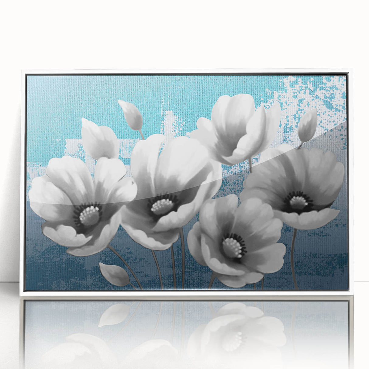 Framed wall art featuring an abstract design with colorful strokes and lines, presented in a sleek white frame, ideal for modern home decor.