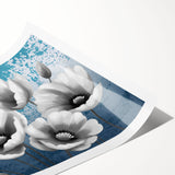 Abstract wall art featuring vibrant strokes and lines in shades of blue, orange, and yellow, designed for modern home decor, available as a rolled print.