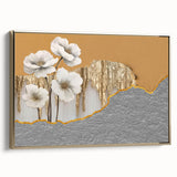 Framed abstract wall art featuring gold strokes and lines on a textured canvas, showcasing a modern design perfect for contemporary home decor.