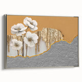 Framed canvas artwork showcasing an abstract design with silver strokes and lines, highlighting a modern aesthetic ideal for contemporary decor.