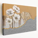 Abstract stretched canvas wall art featuring vibrant, textured strokes and lines in shades of blue, orange, and yellow, ideal for modern home decor.