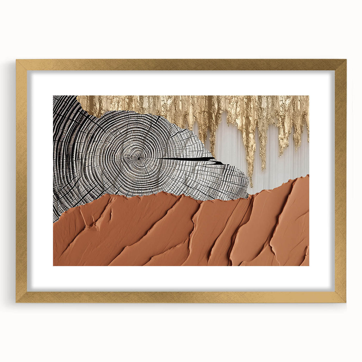 Abstract wall art featuring bold strokes and lines in a gold frame, showcasing a modern design with a white mat, perfect for contemporary home decor.