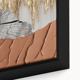 Close-up of an abstract wall art piece showcasing vibrant strokes and lines in blue, orange, and yellow hues, designed to enhance modern decor.