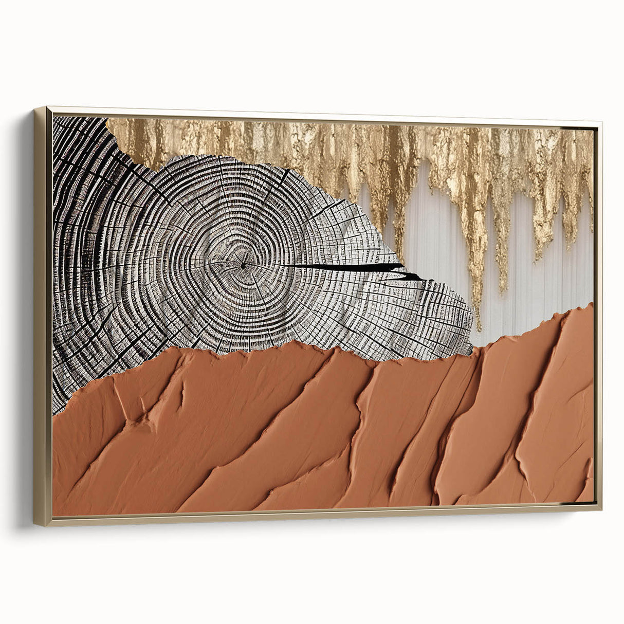 Framed canvas wall art showcasing an abstract design of gold strokes and lines, adding a modern touch to interior decor. Ideal for stylish home or office settings.