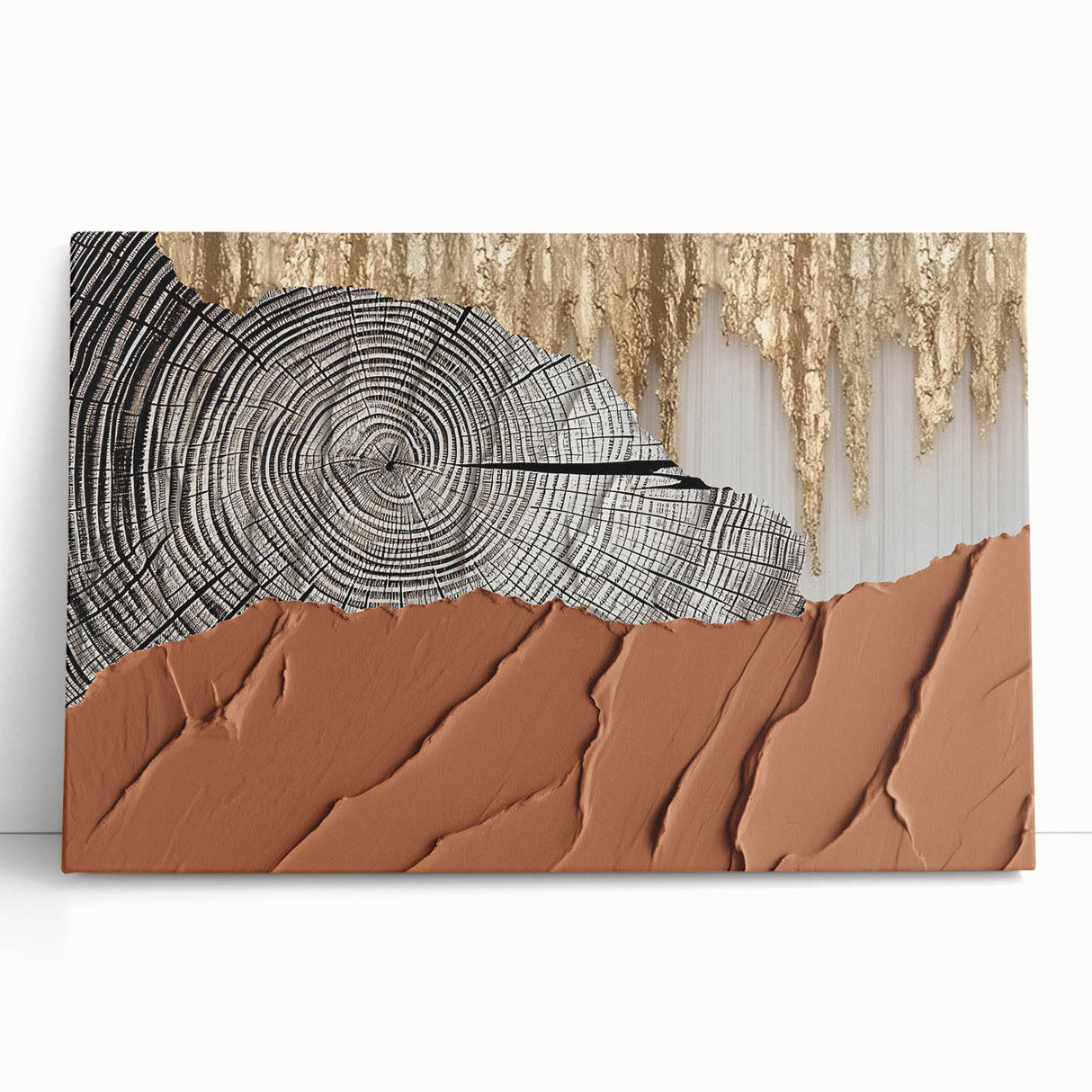 Abstract wall art featuring bold strokes and lines in vibrant colors, designed for modern decor. This stretched canvas piece leans against a neutral wall, adding a contemporary touch to any space. Perfect for art enthusiasts looking to enhance their interior design.