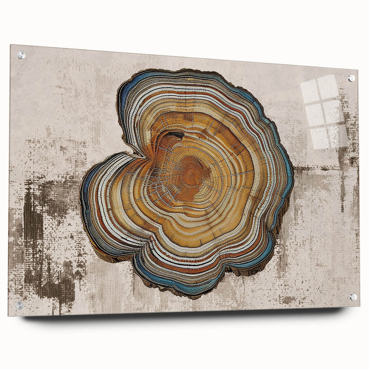 Acrylic glass wall art showcasing an abstract design of colorful strokes and lines, elegantly displayed with pins on a textured surface, ideal for modern decor.