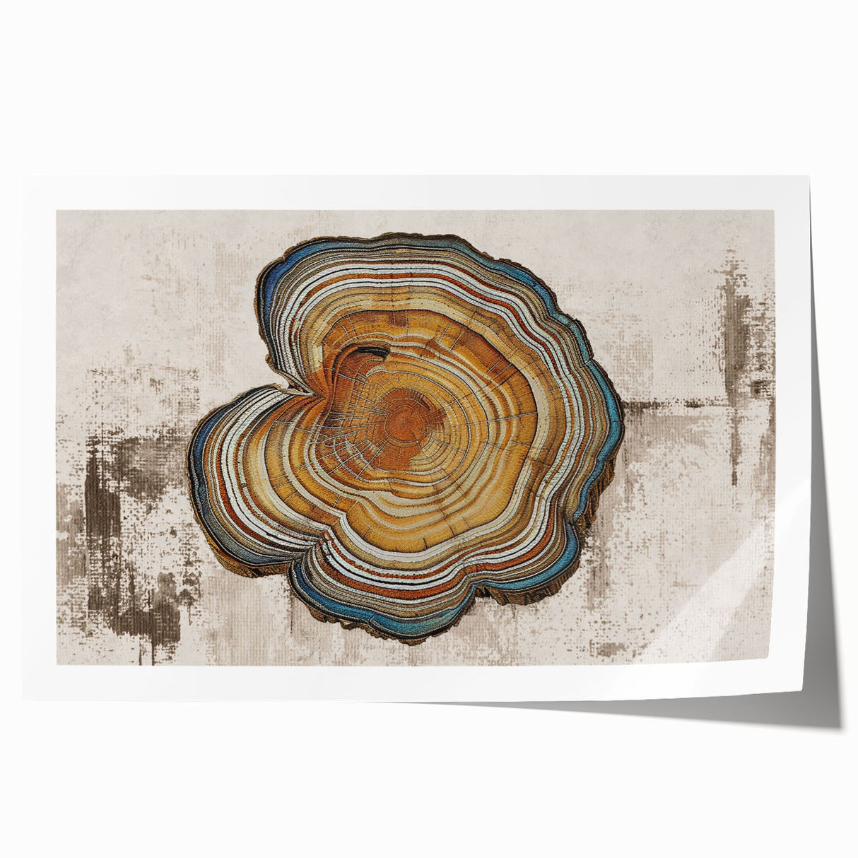 Abstract wall art print featuring vibrant strokes and linear designs in shades of blue, orange, and green, rolled for easy transport and display. Perfect for modern decor.