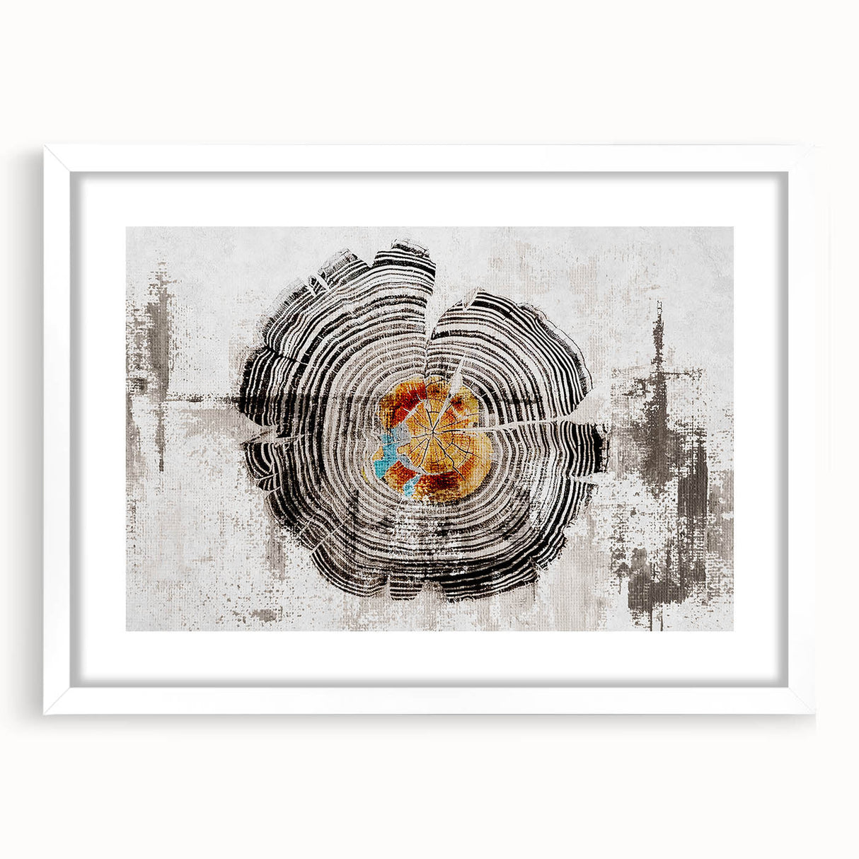 Abstract wall art featuring strokes and lines in shades of blue and gold, framed with a white mat, offering a modern touch for home decor and enhancing artistic ambiance.
