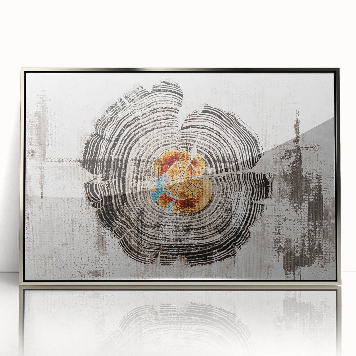 Framed wall art featuring abstract strokes and lines in silver tones, elegantly showcasing modern design with a sleek acrylic finish, perfect for contemporary decor.