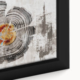 Framed canvas wall art showcasing an abstract design with vibrant strokes and lines in blue, orange, and gold hues, perfect for modern decor.