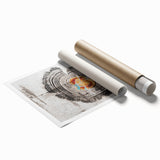 Abstract wall art print showcasing vibrant strokes and lines in shades of blue, orange, and yellow, perfect for modern home decor. Rolled for easy framing.