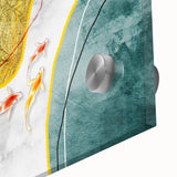 Close-up of an abstract wall art design featuring colorful strokes and lines, highlighting vibrant hues of blue, orange, and green on acrylic glass. Perfect for modern home decor.