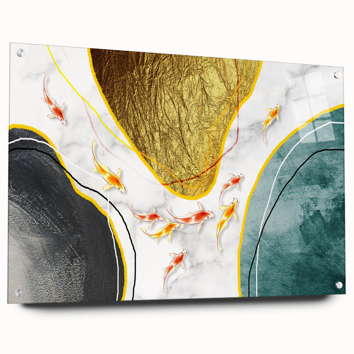 Abstract wall art design featuring vibrant strokes and lines in a modern acrylic glass frame, showcasing a side view with decorative pins for hanging.