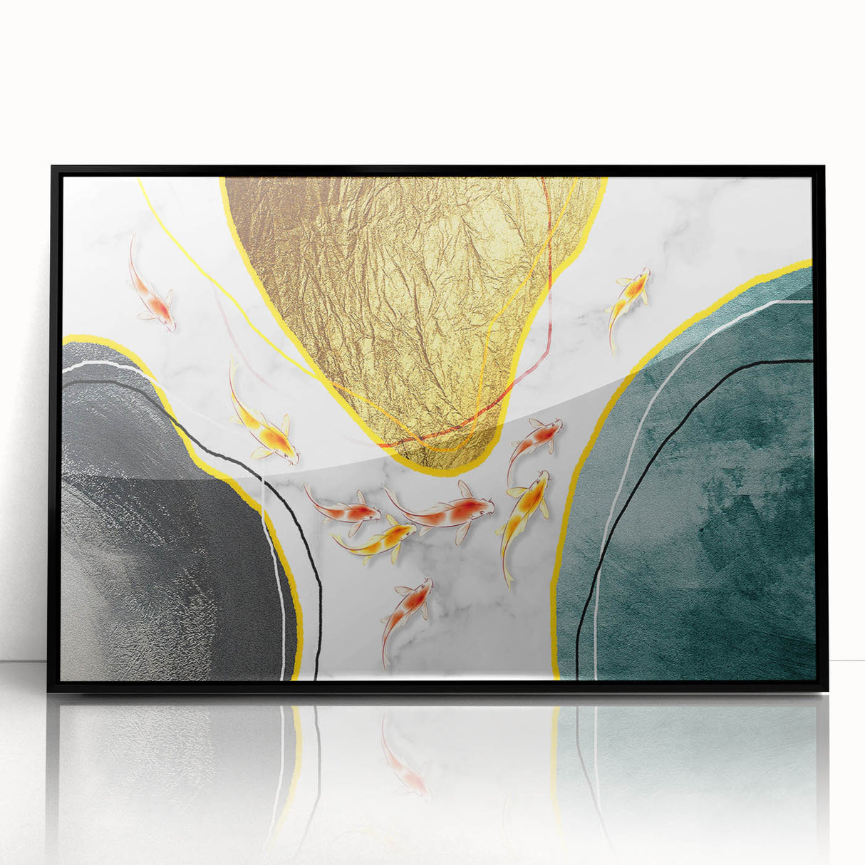 Framed wall art featuring an abstract design of strokes and lines in vibrant colors, set against a sleek black frame, perfect for modern home decor.