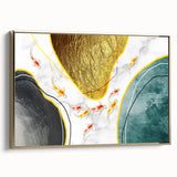 Framed canvas artwork showcasing an abstract design of strokes and lines in gold tones, perfect for modern home decor. Side view highlights elegant framing.