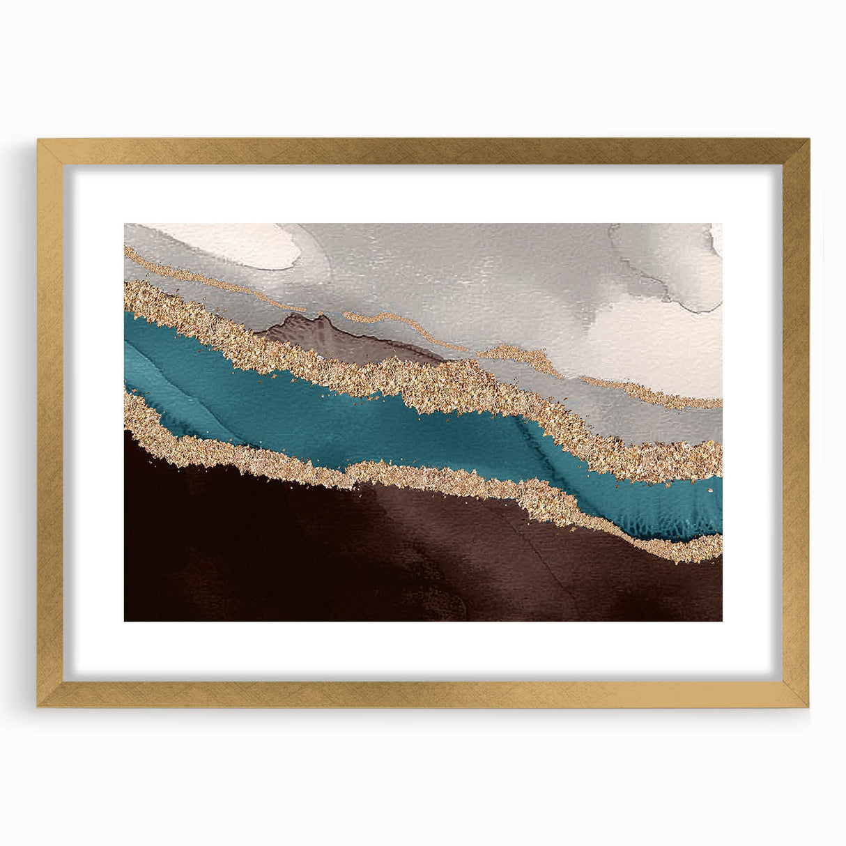 Abstract wall art featuring intricate strokes and lines in a gold frame with a mat, ideal for modern home decor. The design adds elegance to any interior space.