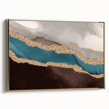 Framed canvas wall art showcasing an abstract design with gold strokes and lines, highlighting a modern aesthetic. Ideal for contemporary home decor.