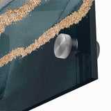 Close-up of an abstract wall art piece showcasing vibrant strokes and lines in a contemporary design, featuring a blend of blues and golds on acrylic glass.