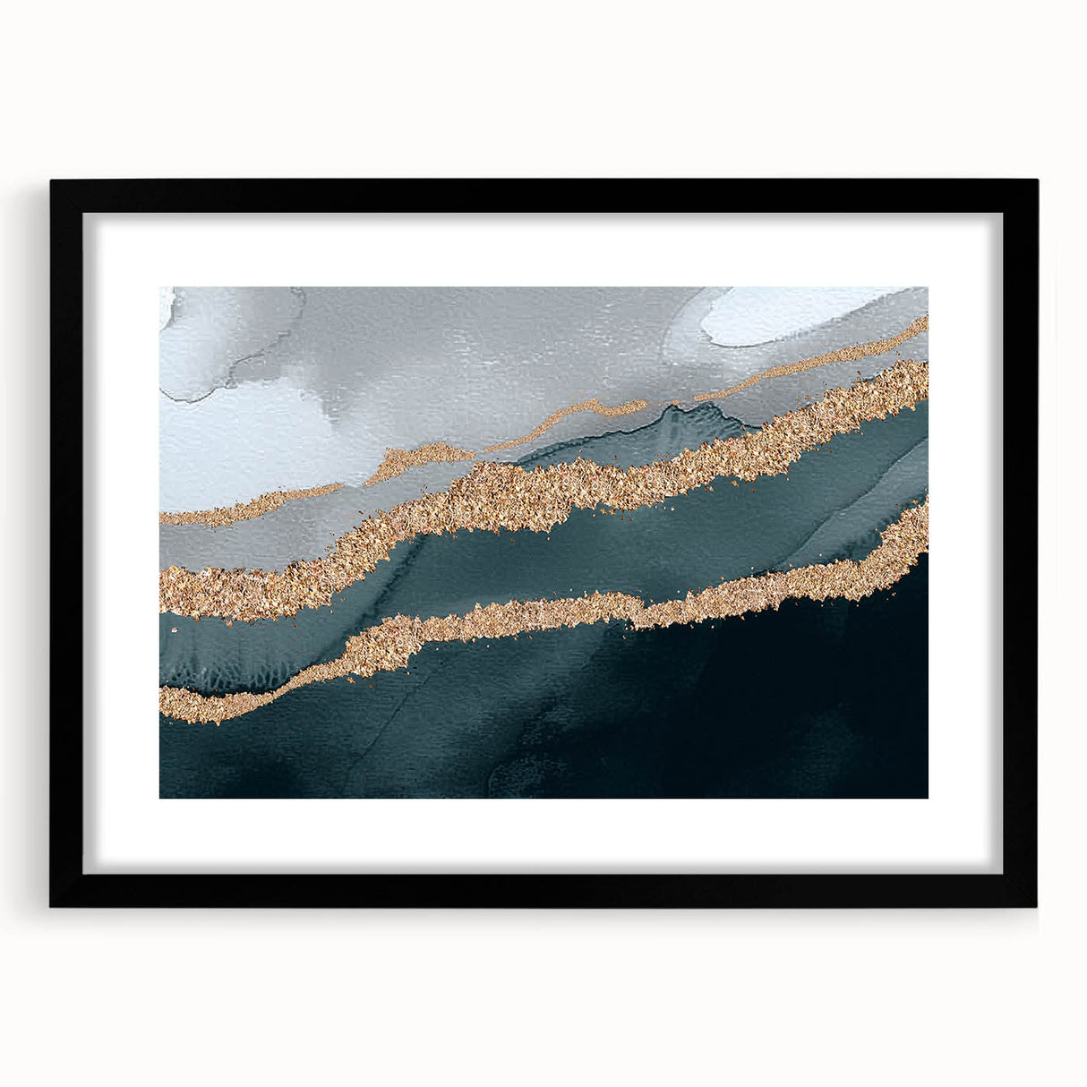 Abstract strokes and lines in muted tones create a modern wall art piece, framed with a sleek black mat, perfect for contemporary home decor.